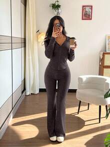 SHEIN PETITE 2pcs/Set Women Casual Hooded Sweatshirt With Pockets & Ribbed Flare Pants, Versatile Autumn/Winter Outfit - Mocha Brown - View 2