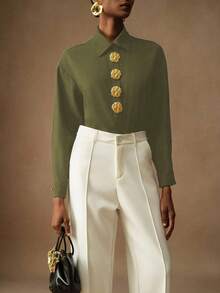 Vesra Women's Fashionable Commuter Metal Decor Solid Color Blouse Gold Buttons - Army Green - View 7