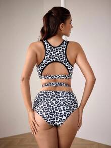 Menodora SHEIN Sport Damski komplet do tańca z siateczki z nadrukiem w panterkę i patchworkiem