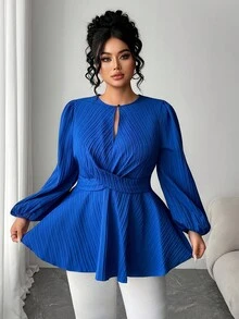 Elenzga Plus Size Elegant Cinched Waist Solid Color Cross-Wrap Long Sleeve Flared Shirt - Blue - View 3