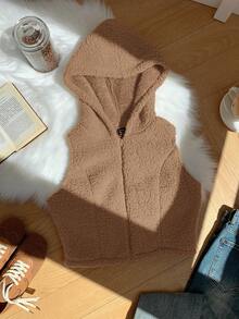 Comfortcana 女士纯色前拉链无袖休闲连帽外套，秋冬保暖服装；女士棕色连帽背心无袖开衫，大地色系服装；棕色背心