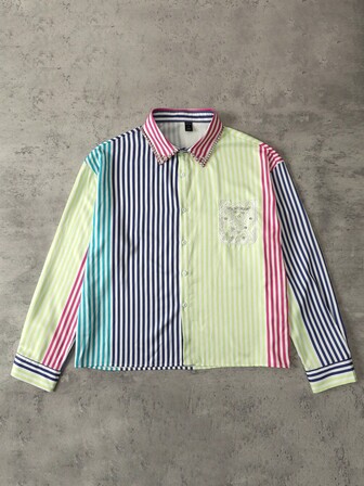 Street Life Camicia a maniche lunghe da uomo con patchwork di diamanti scintillanti e colori a contrasto, autunnale