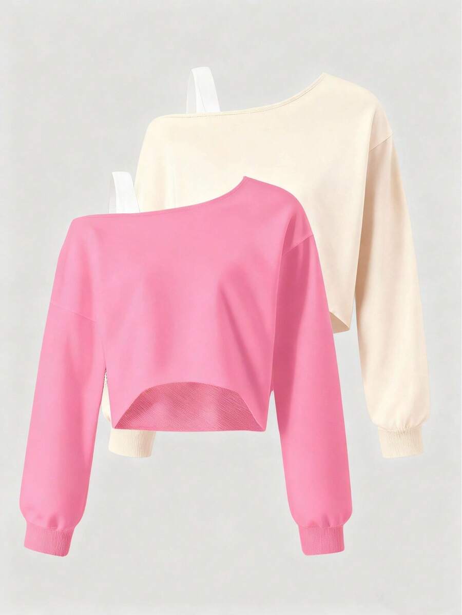 2pcs/Set Tween Girls' Elegant Cold Shoulder Long Sleeve Sweatshirt, One Shoulder With White Strap, Ribbed Cuffs, Suitable For Travel, Outing, School - Multicolor - View 1