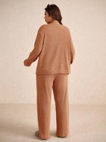 Elaquor 大码纯色 V 领背心 + 长袖夹克 + 阔腿裤 3 件套休闲套装 - 橘色 - 查看 2