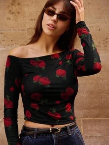 lacRébo 黑色花卉印花网眼露肩长袖修身上衣秋季女装秋季服装 - 黑色 - 查看 2