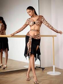 Menodora SHEIN Sport Women's Fashionable Sexy Leopard Hollow-Out Latin Dance Outfit - Brown - View 5