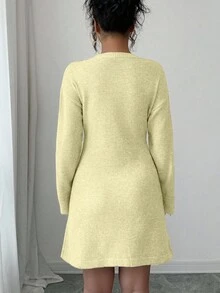 Selianne 女士优雅圆领长袖超大刺绣花卉长款毛衣裙，适合多种场合和季节，秋冬 - 黃色 - 查看 2