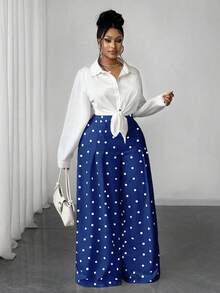 Maweii Plus Size Women High Waist Polka Dot Print Pleated Wide Leg Loose Pants