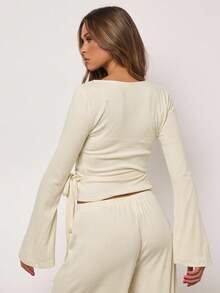 SHEIN BAE Women's Yellow Solid Color Simple Cashmere Knitted Open Placket Wrap Asymmetrical Strap Long-Sleeved Top, Autumn Top, Go Out, Home Leisure, Casual Top For Women,Casual Outfit For Women, Thanksgiving Outfit For Women,Christmas Clothes,Autumn Outfits For Women,