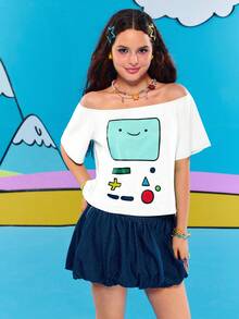 Adventure Time X ROMWE Women's Summer Off-Shoulder Funny Cartoon Graphic T-Shirt - White - View 2