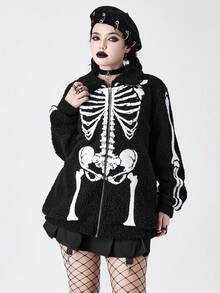 ROMWE Gothic Skeleton Print Fleece Women Jacket For Halloween - Black - View 12