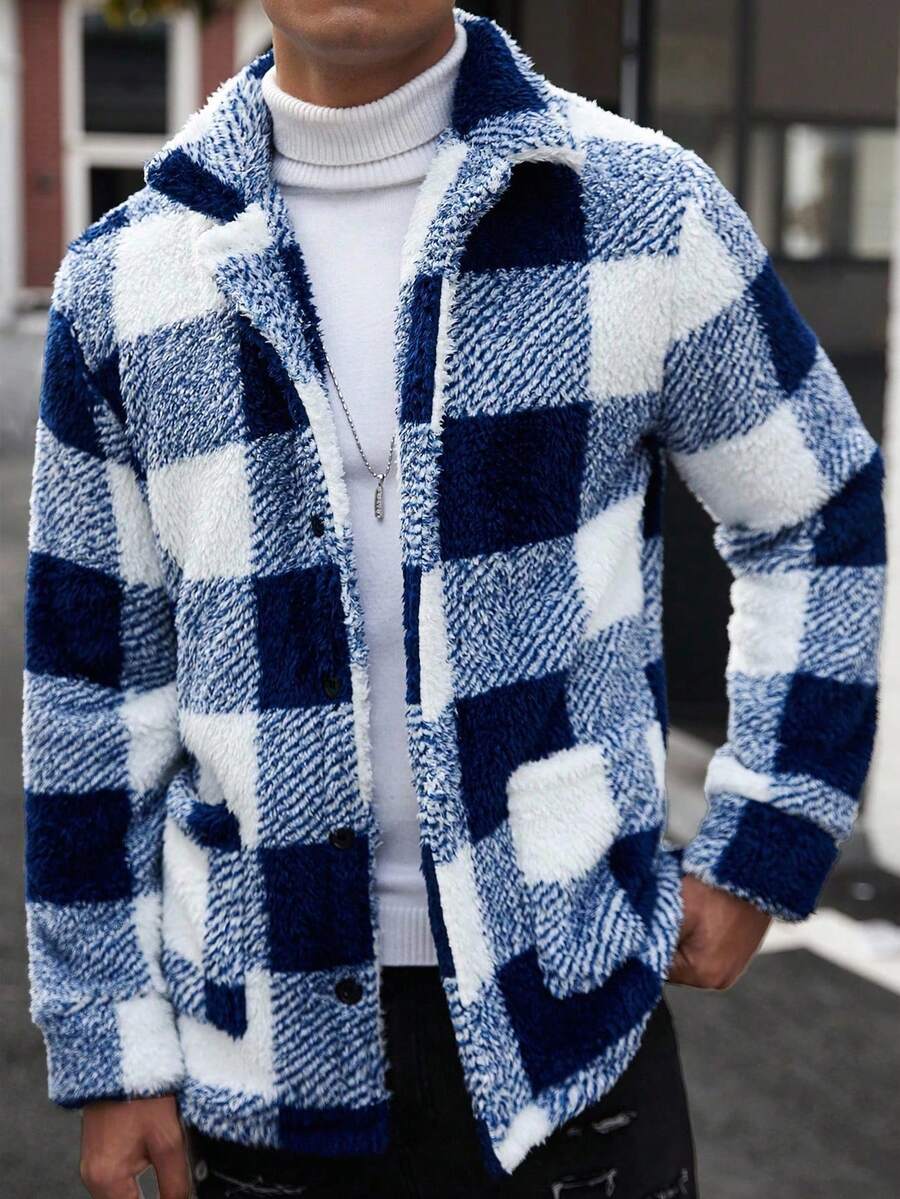 Manfinity Homme 男士宽松格子羊毛长袖单排扣休闲夹克，秋冬，男士法兰绒，冬季男士夹克 - 彩色 - 查看 1