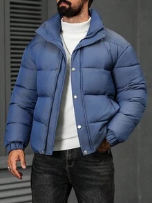 Manfinity Homme Men's Solid Color Long Sleeve Zipper Front Short Casual Padded Coat, Blue Winter Smart Casual Club Puffer Outerwear - Blue - View 5