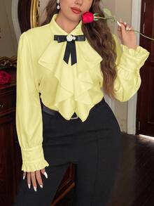 SHEIN Privé Plus Size Elegant Commuter Shirt With Ruffle Trim And Bow Decor
