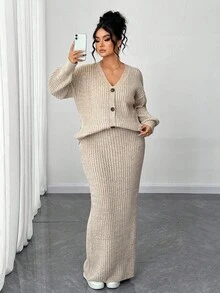 Elenzga Plus Size Solid Color Cardigan And Skirt 2 Pieces Set - Khaki - View 5