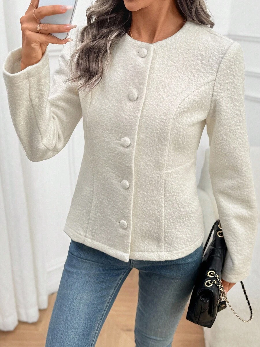EMERY ROSE Fashionable Solid Color Waist Cinched Jacket, Autumn/Winter - White - View 1