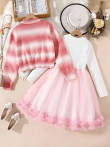 2pcs Girls Rainbow Ombre Mohair Cardigan & Cute Mesh A-Line Dress Set, Fashionable Casual Outfit For Holiday & Daily Wear - Pink - View 8