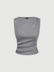 SHEIN MOD Women's Casual Fashionable Street Metallic Shiny Ruched Fitted Shimmer Gray Sleeveless Top,Birthday, Casual Top, Honeymoon,Graduation Top,Wedding Guest Top Women,Vacation,Flowy Top,Party Top,Christmas Party,New Year,Sparkly Top, Metallic Top,Thanksgiving,Y2K - Silver - View 2