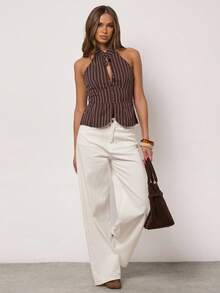 SHEIN BAE Women's Striped Halter Backless Casual Top, Suitable For Commuting And Daily Wear, Summer - Khaki - View 3