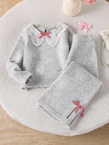 SHEIN 2pcs Girls Cute Lace Collar Sweater + Bowknot Slit Knit Pants Set, Elegant Outfit For Autumn/Winter - Grey - View 1
