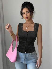 Selianne 女士优雅时尚休闲舒适迷人度假音乐节假日无袖吊带开衫，腰部收紧，背部镂空，花卉刺绣，纯色衬衫（随机花卉） - 黑色 - 查看 4