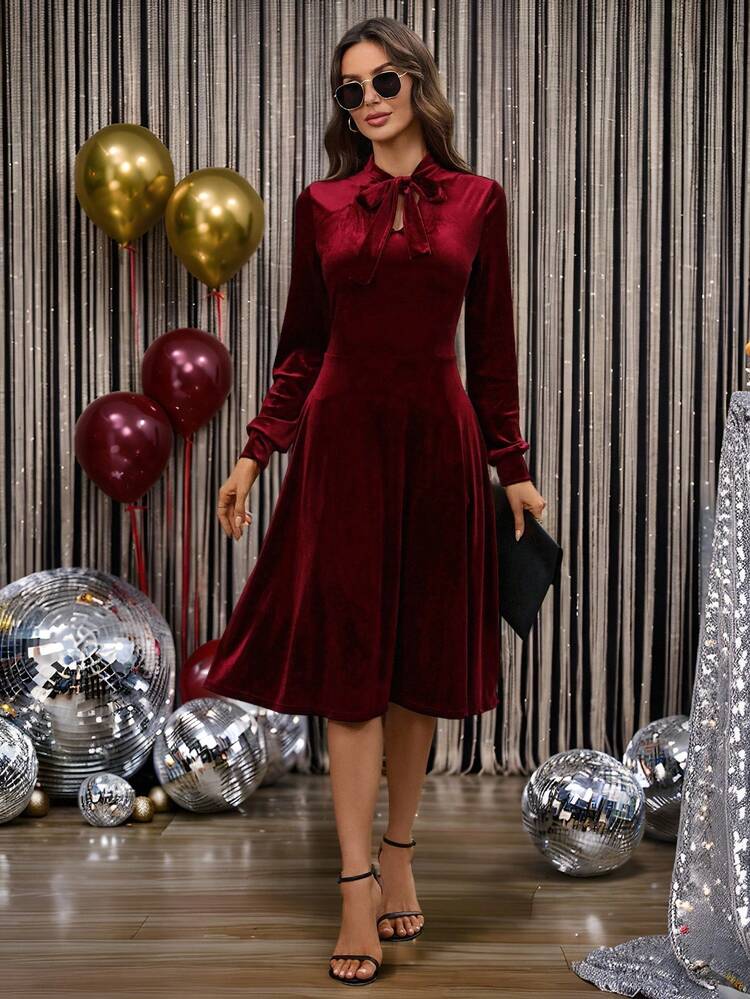 Women's Solid Color Tie Collar Pocket Elegant Long Sleeve Mid-Length Dress Velvet Dress For Women Winter Dress Women Christmas Dress New Year Dress Party Dresses For Women Elegant Party Dress Red Dresses For Women,Red Dress,Christmas Dress,New Year Dress,Red Dresses For Women,Christmas Dresses For Women New Year Dress