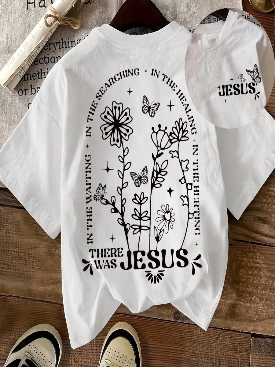 SHEIN Unity Áo thun nữ cổ tròn tay ngắn in hoa đơn giản, áo thun họa tiết thường ngày, áo thun nữ - trắng - Xem 1