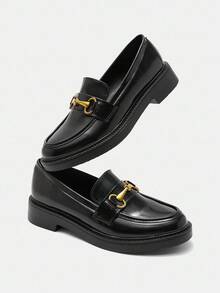 CUCCOO BIZCHIC 女士时尚黑色金属扣舒适通勤厚底乐福鞋，适合户外、旅行、购物、工作、日常穿着