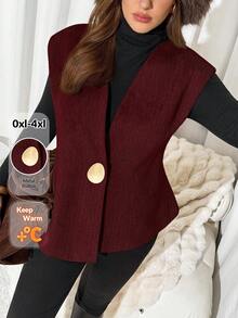 Auralis 大码女式秋季金属单扣休闲背心夹克 - 酒紅色 - 查看 1