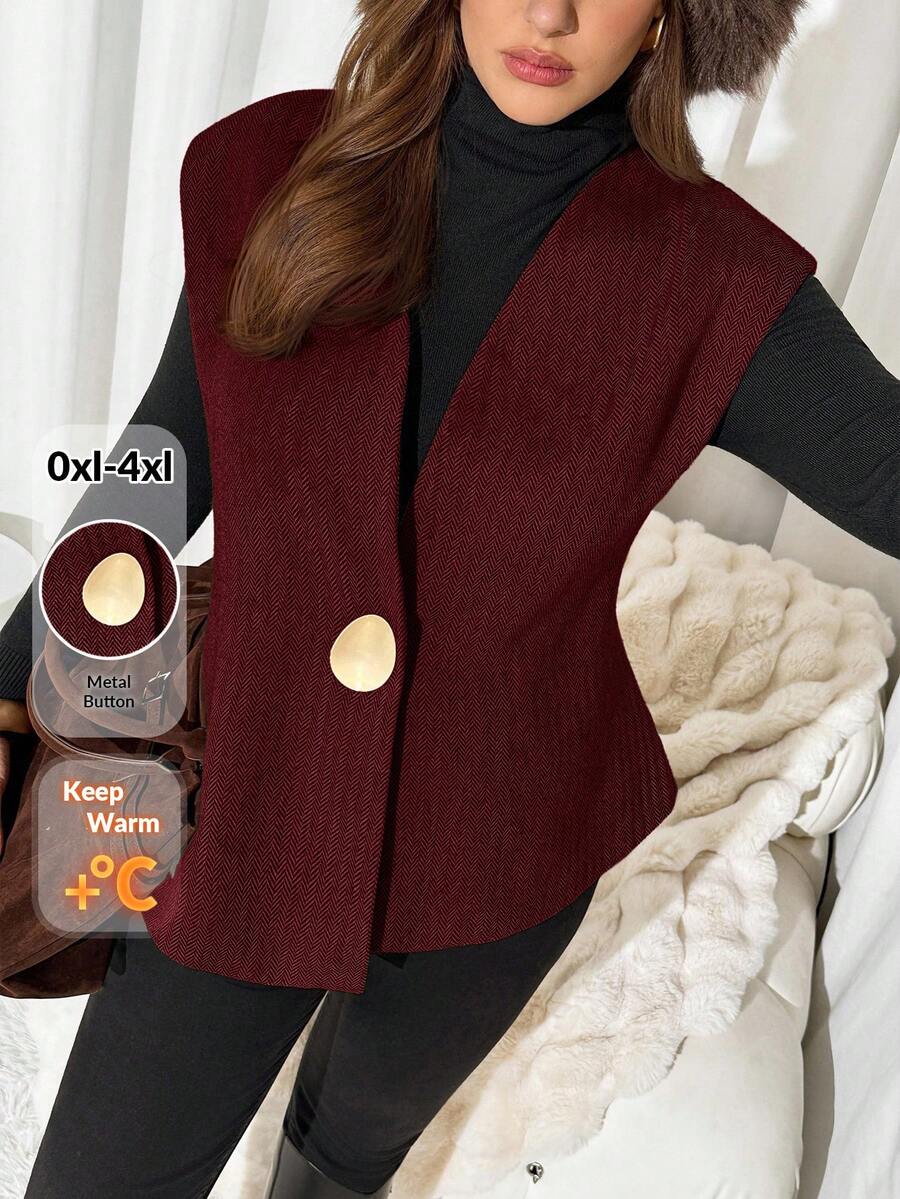 Auralis 大码女式秋季金属单扣休闲背心夹克 - 酒紅色 - 查看 1