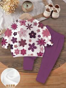 SHEIN Happikins 女婴休闲可爱碎花卫衣和打底裤两件套，紫色，柔软厚实圆领长袖卫衣，修身印花裤，适合秋冬季穿着。紫色女婴套装，紫色女婴套装，碎花两件套，女婴冬季两件套服装 - 彩色 - 查看 4