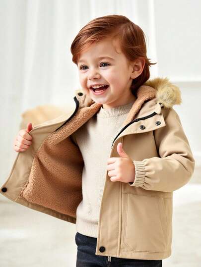 SHEIN 男童休闲加厚羊毛连帽外套，适合通勤、上学、日常休闲装、运动、秋冬