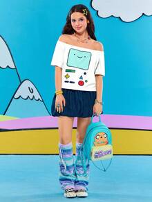 Adventure Time X ROMWE Women's Summer Off-Shoulder Funny Cartoon Graphic T-Shirt - White - View 4