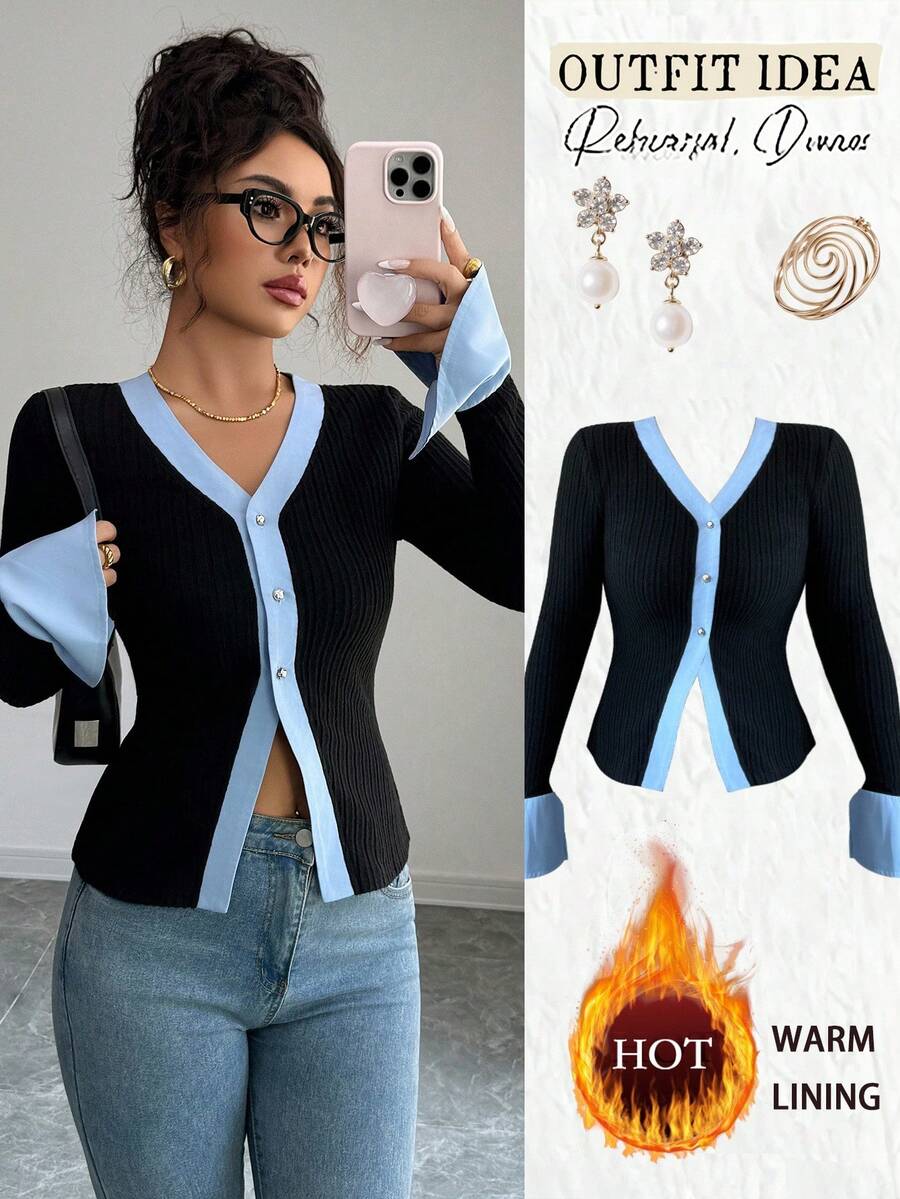 SHEIN Elenzya 女式拼色 V 领喇叭袖修身针织上衣，适合日常通勤、毕业派对、节日活动、度假、约会、秋冬 - 黑色 - 查看 1