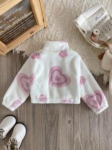 SHEIN Áo khoác cho bé gái 6 tháng-3 tuổi, kiểu dáng thường ngày, tay dài, màu hồng in hình trái tim, chất liệu vải nỉ trắng, thích hợp mặc đi dã ngoại, phong cách mùa thu. - trắng - Xem 2