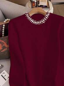 SHEIN Women's Solid Color Round Neck Long Sleeve T-Shirt With Faux Pearl Embellished Patchwork, Christmas - Red - View 4
