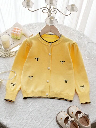 Girls Cardigan Knitted Sweater, Embroidered Bow, Long Sleeve Round Neck Knitwear Casual Jacket, Suitable For Spring, Autumn, Winter, Campus Daily Wear, Outdoor Travel