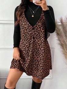 SHEIN Frenchy 2件套大码女式豹纹V领连衣裙和黑色立领长袖上衣 - 棕色 - 查看 3
