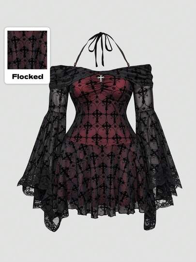 Christmas Plus Size Gothic Style Cross Jacquard Lace Halter Flare Sleeve Dress, Plus Size Black & Burgundy Long Sleeve Dress For Autumn/Winter, Plus Size Cross Decor Party/Halloween/Holiday Maxi Dress, Plus Size Autumn/Winter Dress
