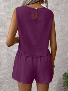 EMERY ROSE Women's Vacation Casual Solid Color Tank Top And Shorts 2 Pieces Set - Red Violet - View 2