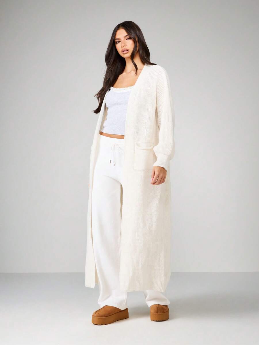MISSGUIDED Long Open Front Cardigan Duster Winter Cozy Ribbed Knit Full Length Maxi Sweater Loungewear Everyday Casual Fall Warm Layer