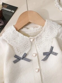 Genkimix Kids 女孩可爱白色毛衣，开衫针织衬衫，荷叶边彼得潘领，圆领拼接长袖，格子蝴蝶结装饰纽扣前开衫，甜美纯色毛衣 - 白色 - 查看 3
