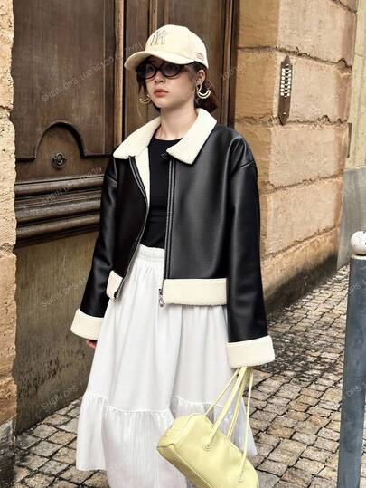 Teen Girl Contrast Color Collar Long Sleeve PU Leather Zip Front Casual Jacket Fall Winter