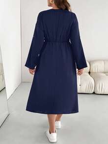 SHEIN Essnce 大码女装春秋时尚休闲宽松舒适日常 V 领纹理面料腰部黑色长袖中长连衣裙带口袋，秋季服装，女士教堂服装