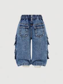 SHEIN 女婴灰色工装阔腿牛仔裤，清爽百搭，适合感恩节、秋冬季穿着 - 深色水洗藍 - 查看 2