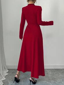 Rafferiza 女士复古泡泡袖优雅黑白拼布纽扣连衣裙长款女装 - 紅色 - 查看 2