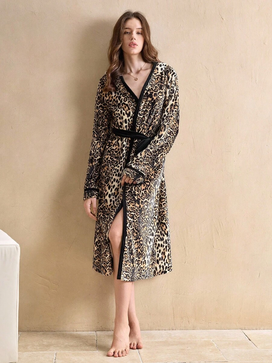 EverLounge 豹纹裹身长袖性感时尚女式睡袍，蓬松柔软 - 彩色 - 查看 1