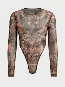 FeverCity Men Tight-Fitting Long Sleeve Printed Bodysuit, Fall - Khaki - View 3