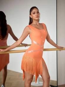 Menodora SHEIN Sport Women's Rhinestone Decor Tassel Hem Sleeveless Latin Dance Dress - Orange - View 6