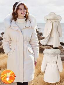 SHEIN 青少年斜口袋休闲时尚收腰宽松中长款女童可拆卸毛领夹棉大衣，百搭外套 - 米色 - 查看 4